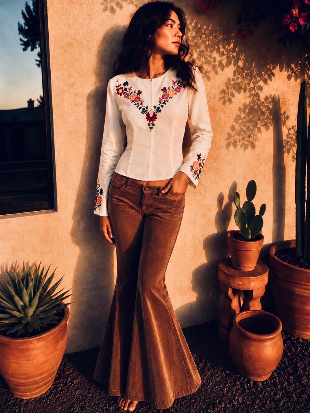 Embroidered Vintage White Floral Long-Sleeve Top
